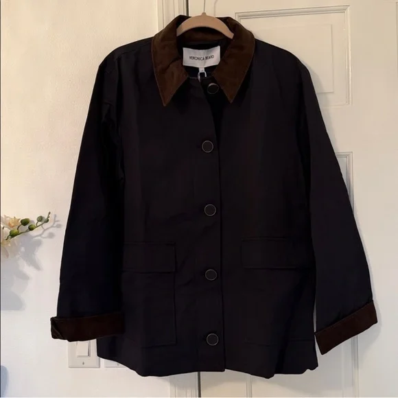 NWT Veronica Beard Arlen Corduroy Trim Barn Coat Navy Brown - Picture 5 of 12